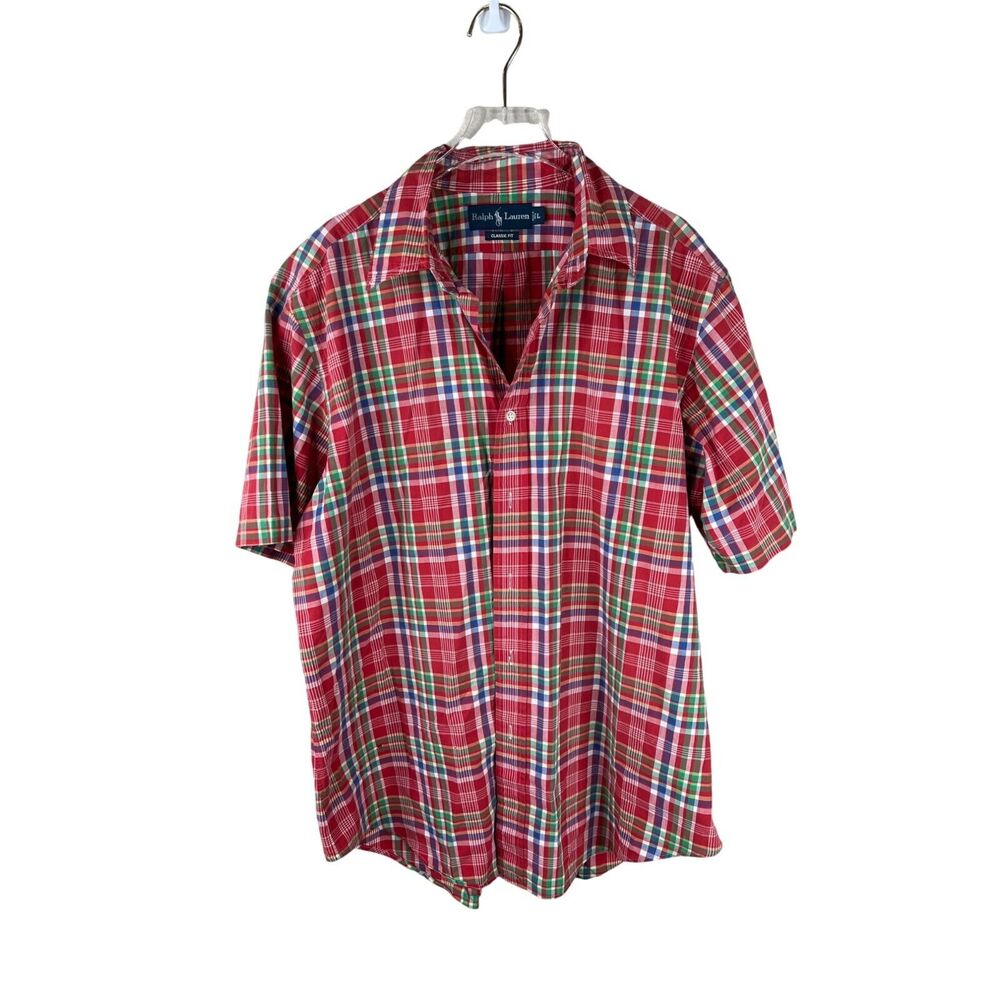 Ralph Lauren Mens Classic Fit Red Plaid Short Sleeve Button-Up Shirt L FLAWS